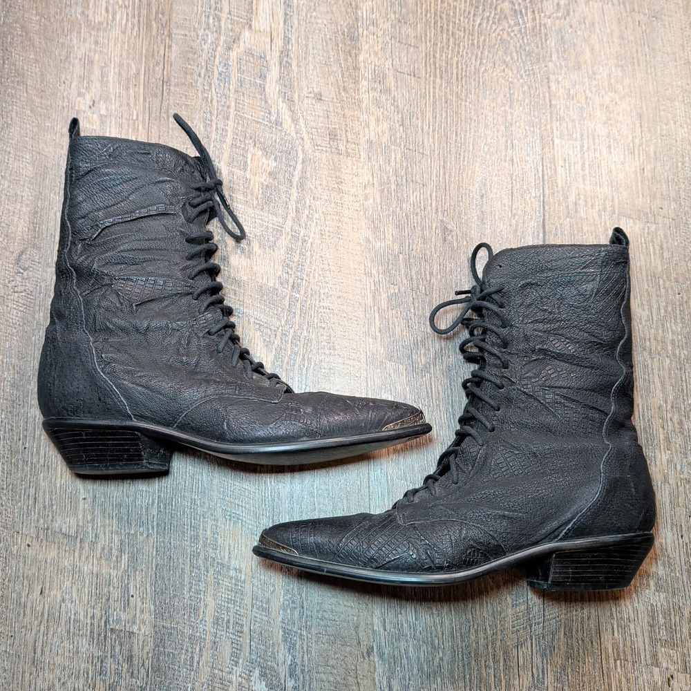 Acme Vintage 90s Rhianon Black Leather Lace Up Cowboy Western Boots Size 6 M - Picture 8 of 14